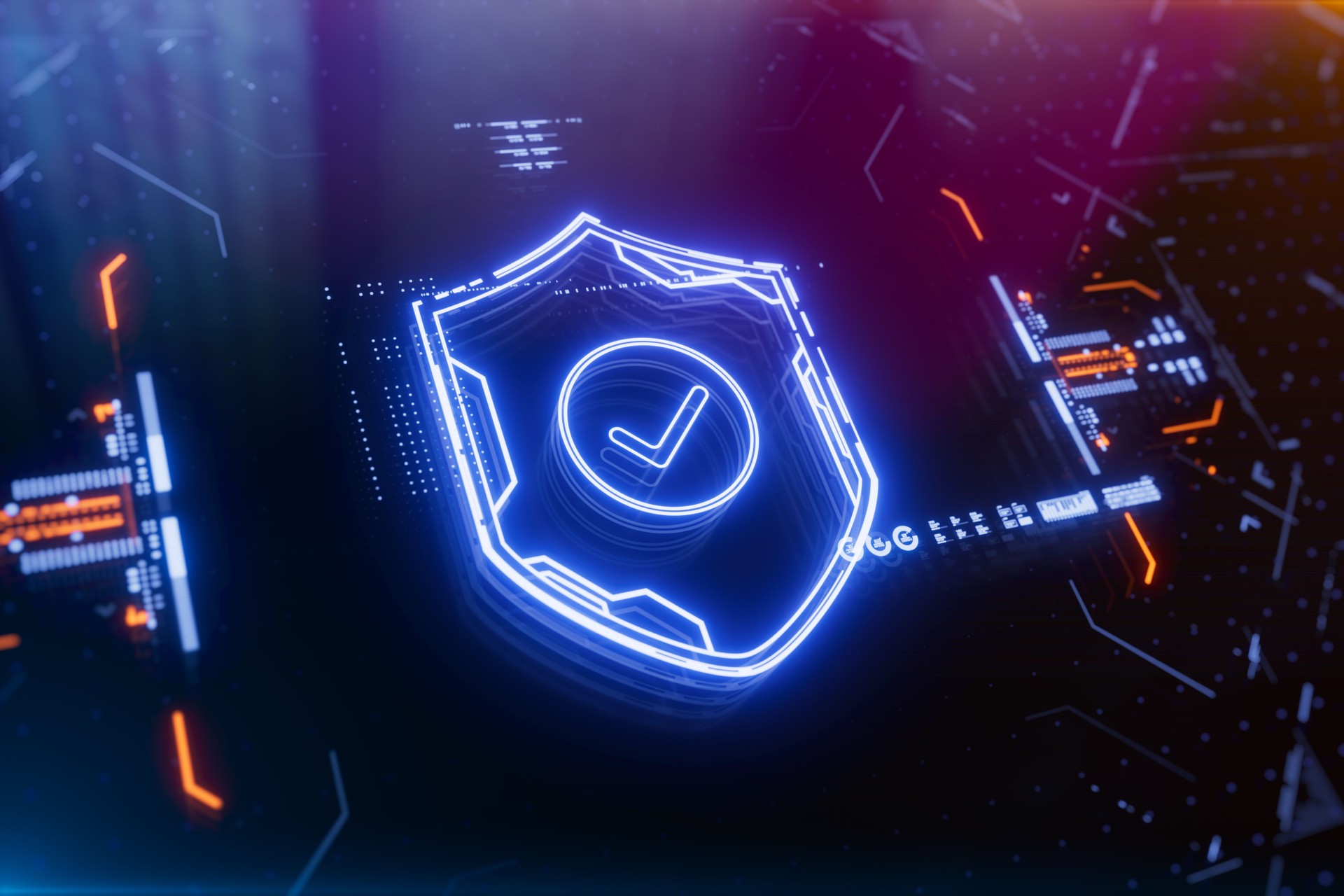 Futuristic neon shield with a checkmark on a digital background