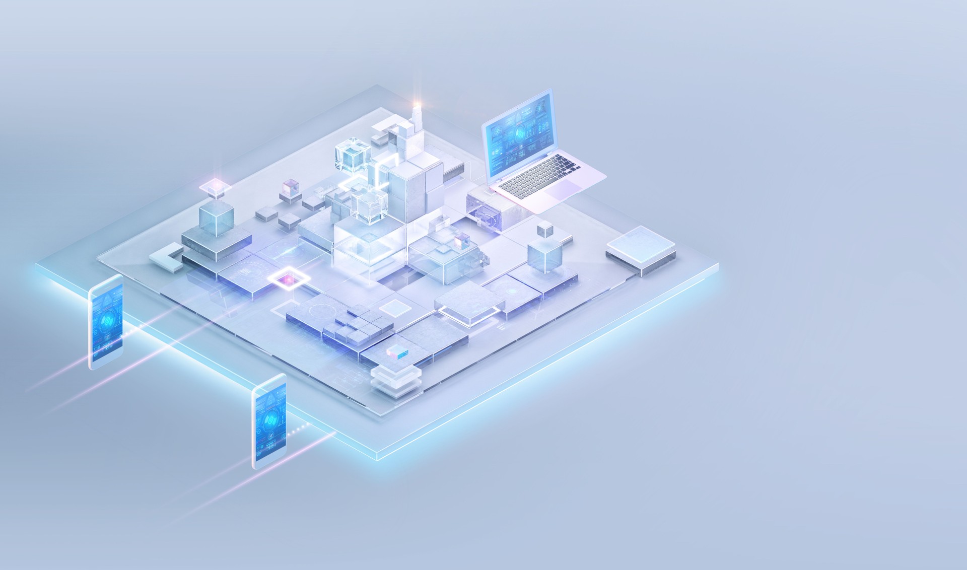 Futuristic digital platform with interconnected devices and holographic elements