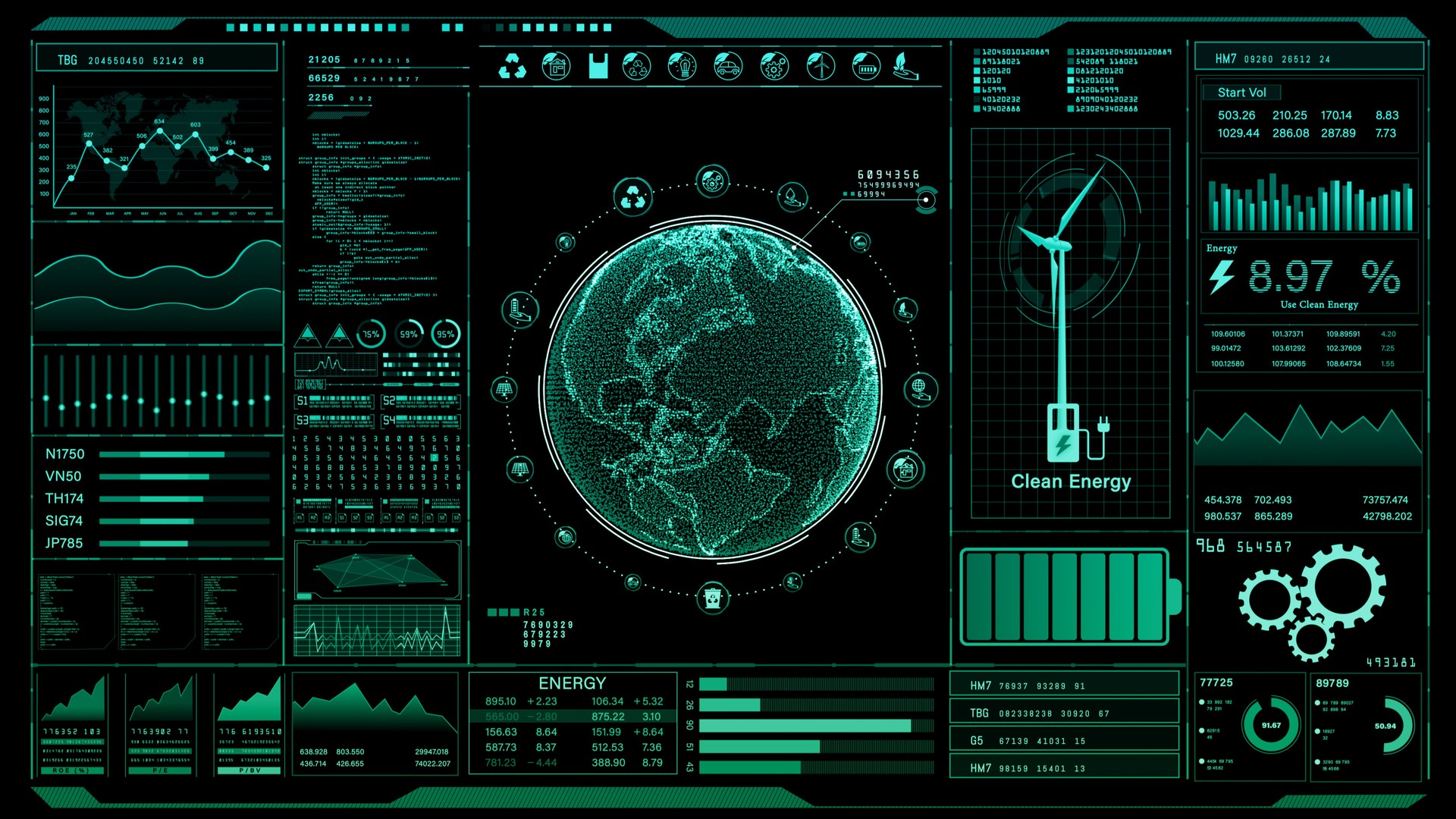 Sophisticated digital monitoring dashboard showcasing global renewable energy statistics with a detailed earth model and clean energy icons. 3d rendering