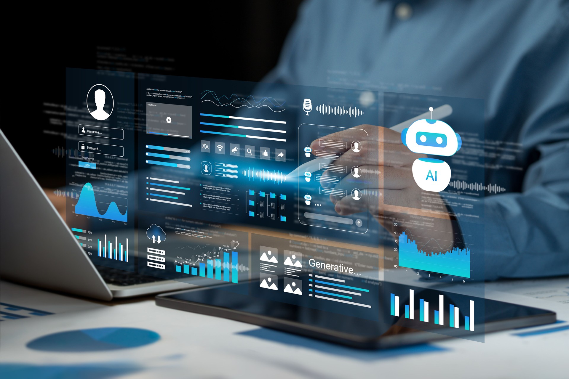 Artificial intelligence automation concept. Software automation technology, cloud, Businessman using laptop to interact with AI assistant. Agent with futuristic digital elements.